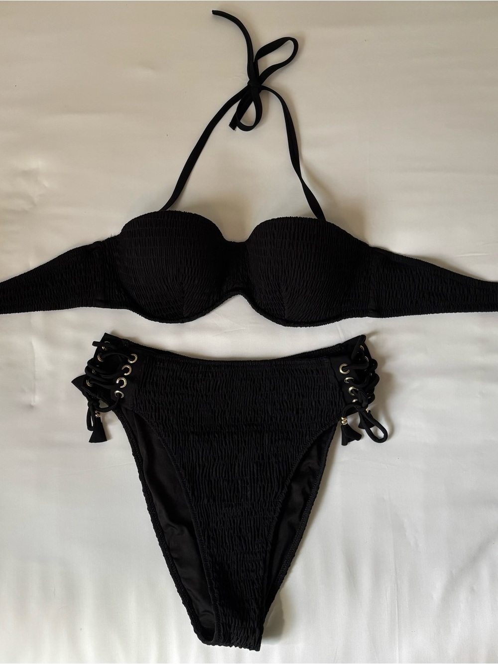 Victoria's Secret Black Lace-Up Bandeau Bikini Set